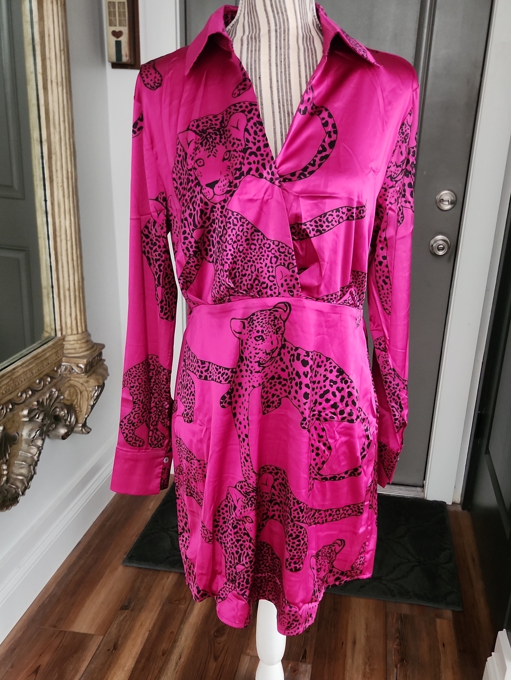 She + Sky Fuchsia Pink Leopard Print Satin Dress